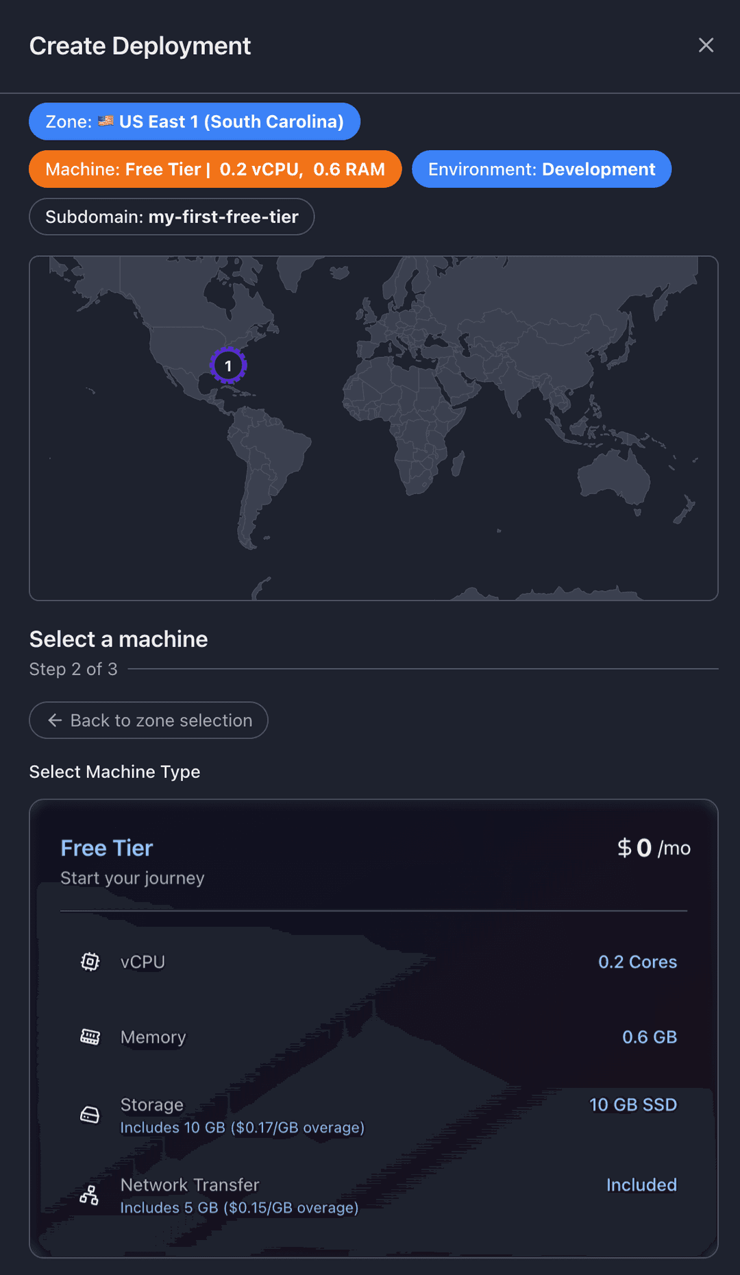 Machine selection showing the Free Tier option with its vCPU, memory, and SSD storage allocation, and included network transfer